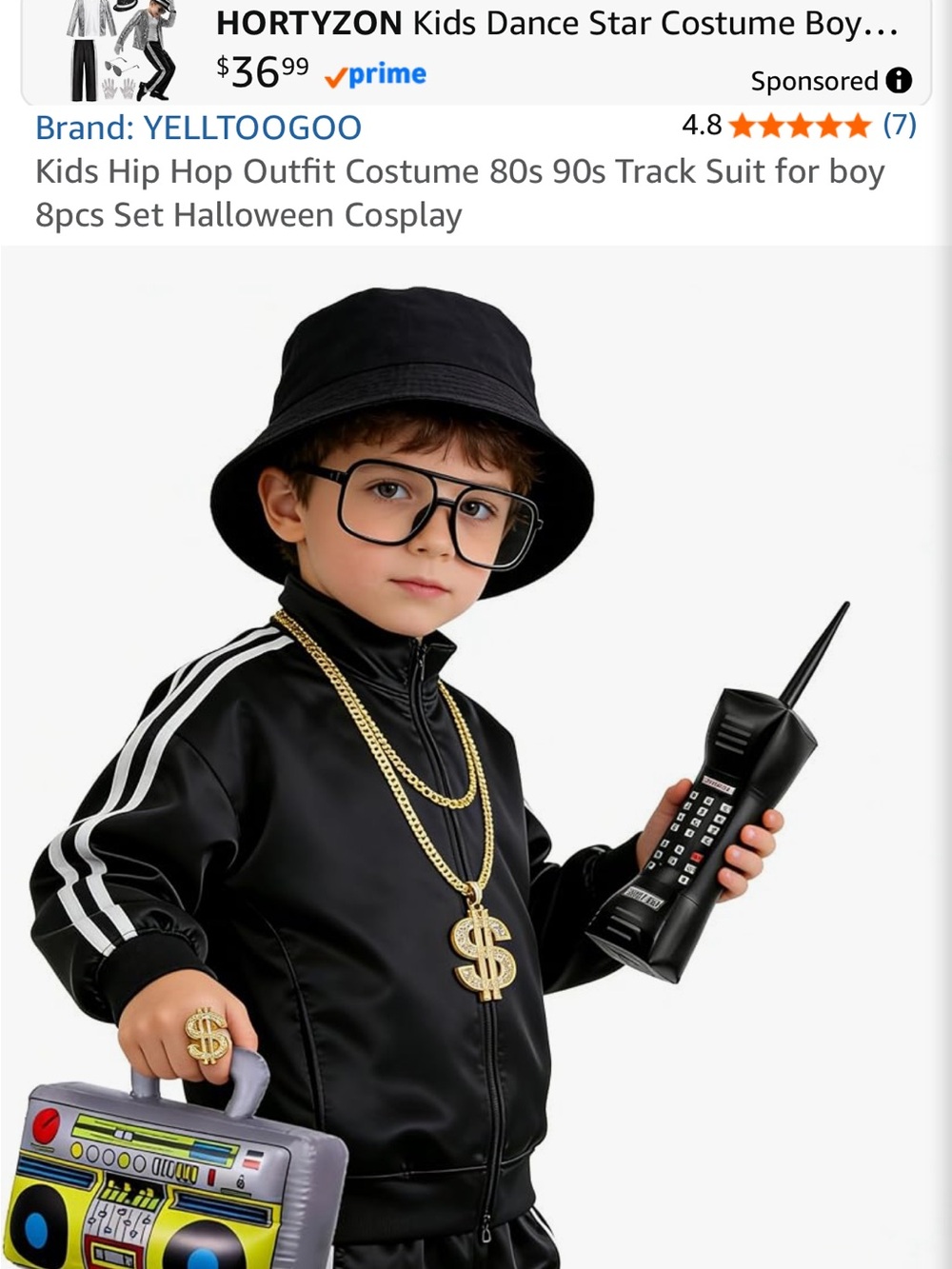 DJ Kids Black Hip-Hop Track Jacket & Pants Costume Set with Accessories - Picture 2 of 6